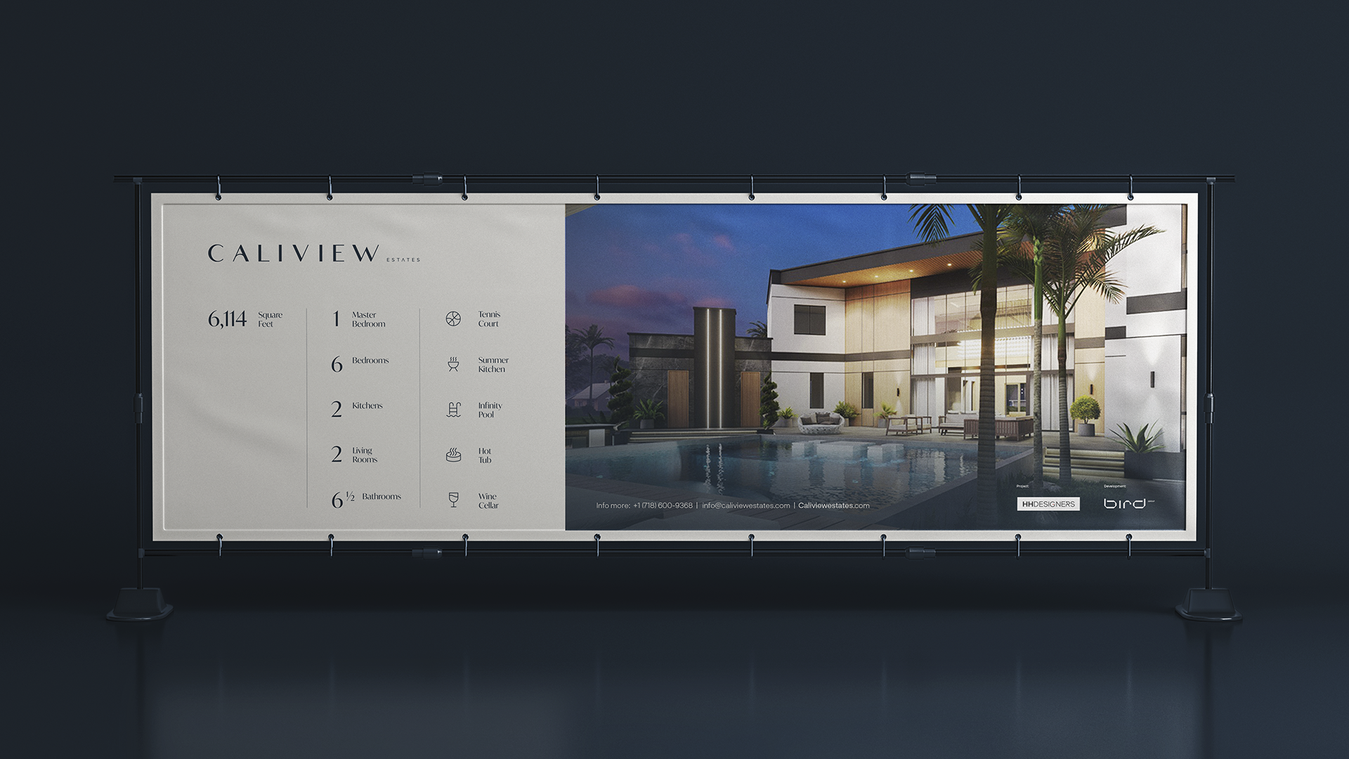 Caliview Estates embossed geometric pattern poster, luxury brand visual system