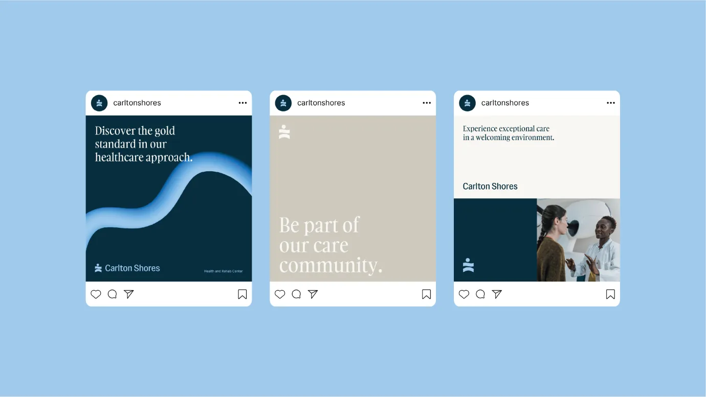 Three Carlton Shores Instagram posts in a row on a light blue background