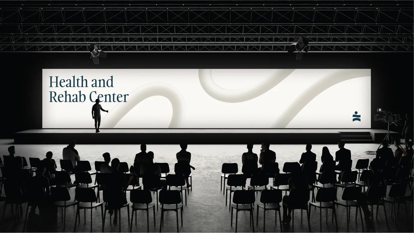 Carlton Shores logo mockup on a long banner above a stage