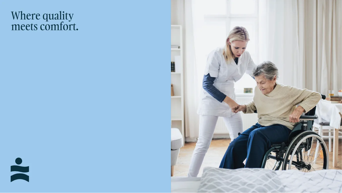 Carlton Shores caregiver photo paired with brand block — where quality meets comfort