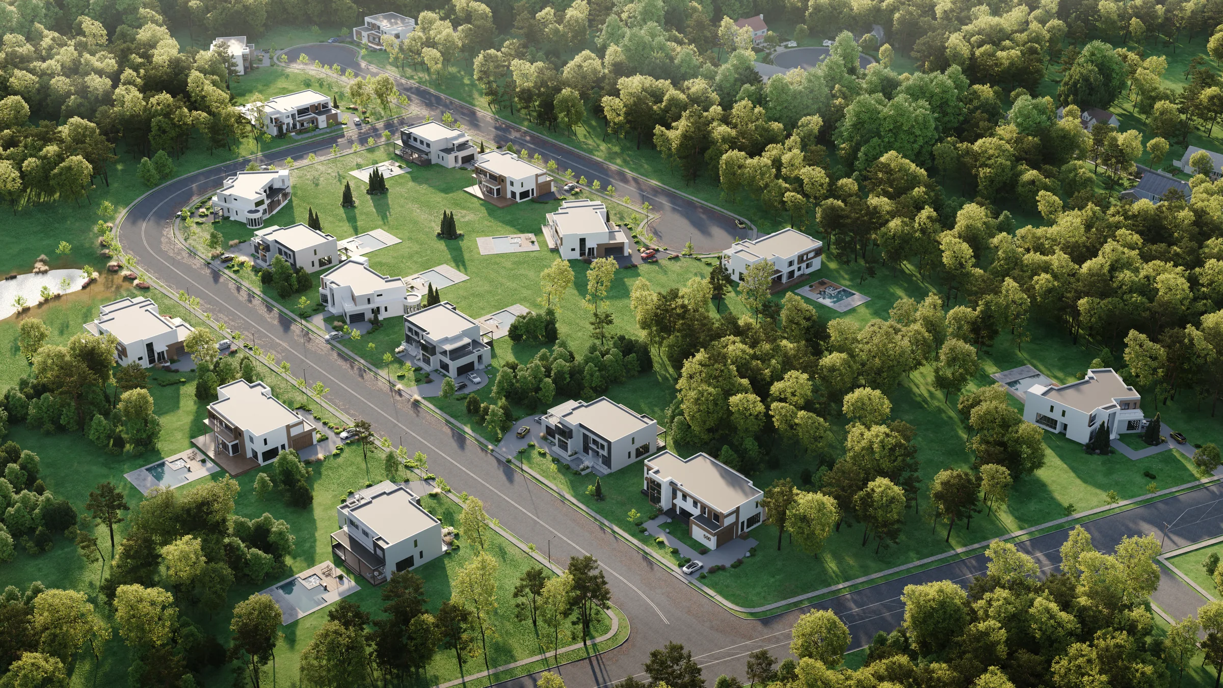 Aerial rendering of Palm Estates community — modern homes set among pine forest