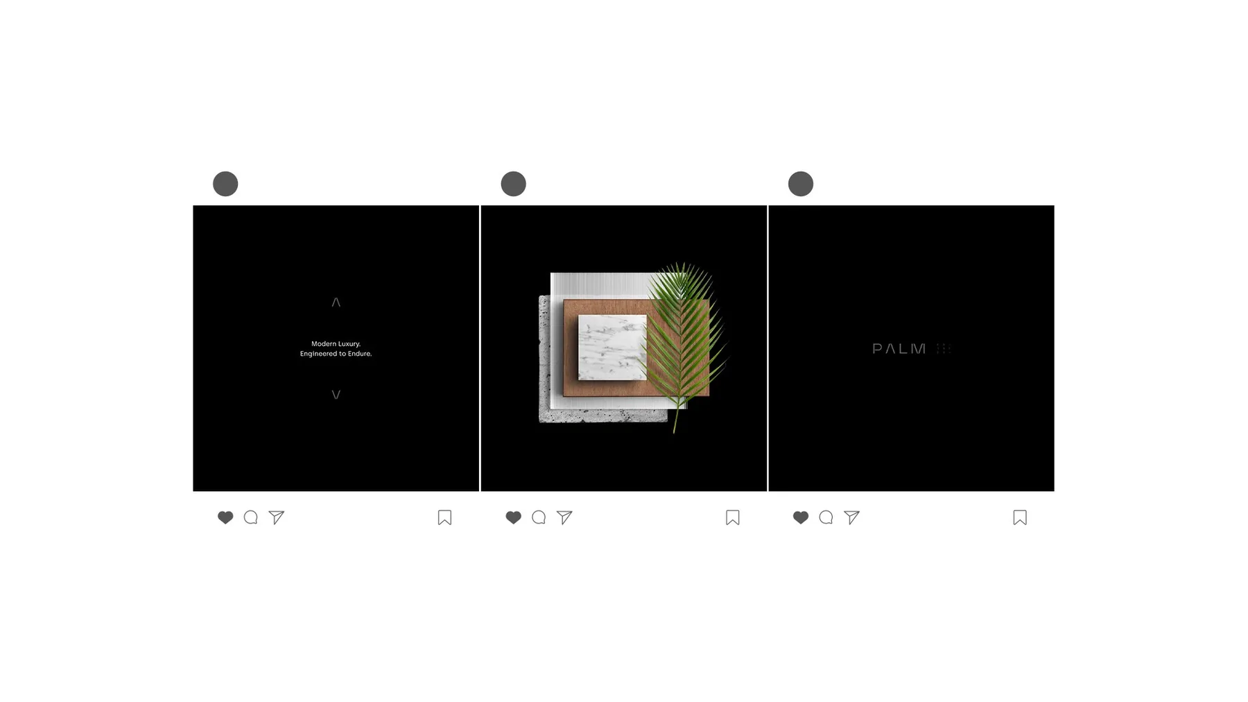 Three Palm Estates Instagram posts in a row — tagline, materials composition, and wordmark