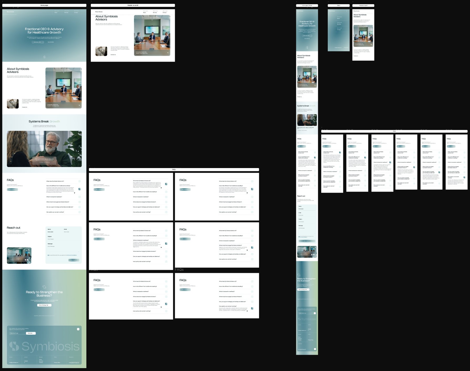 Symbiosis Advisors website design system — desktop, mobile, and component states