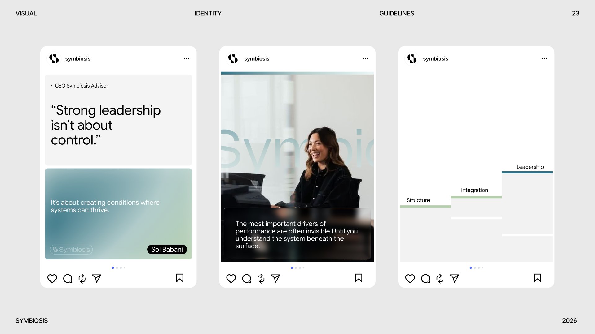 Symbiosis Advisors social feed — quote, portrait, and diagram posts