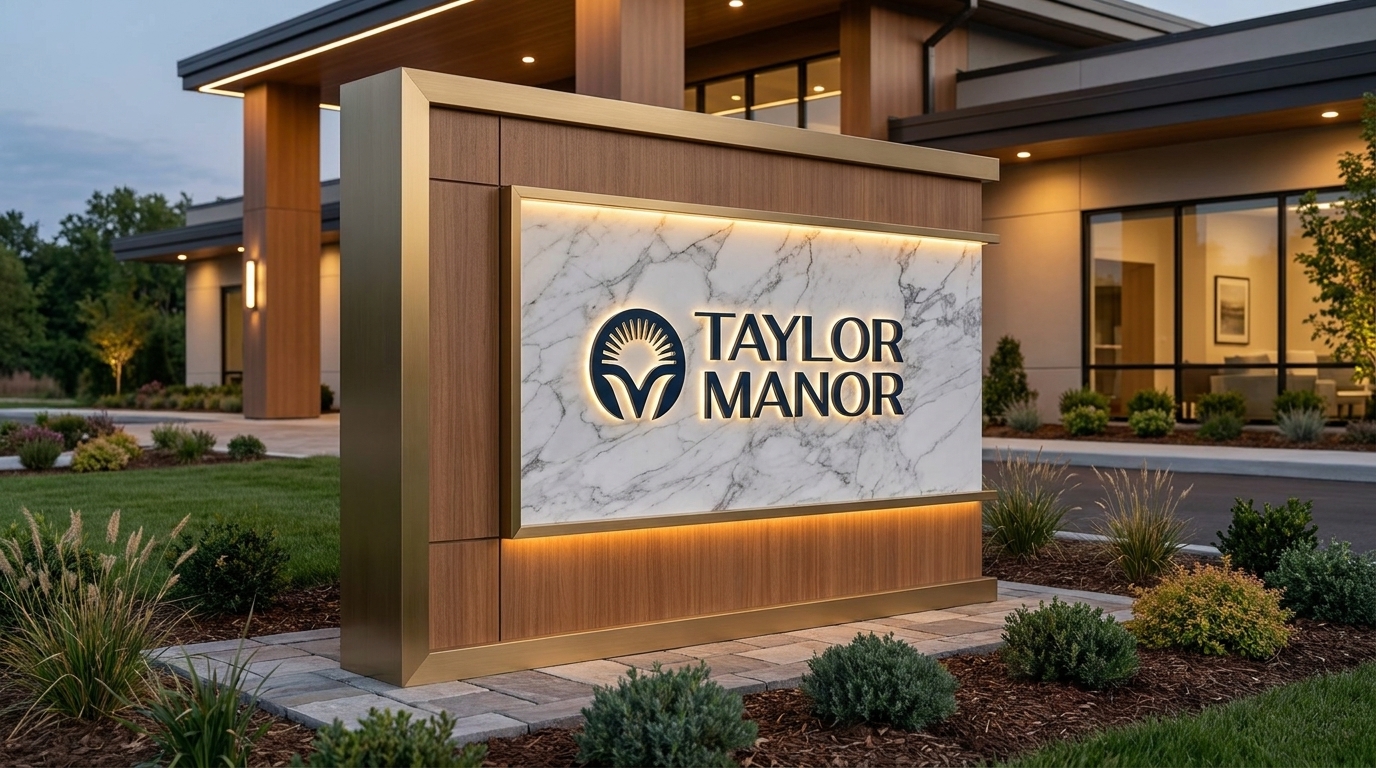 Taylor Manor monument signage at dusk