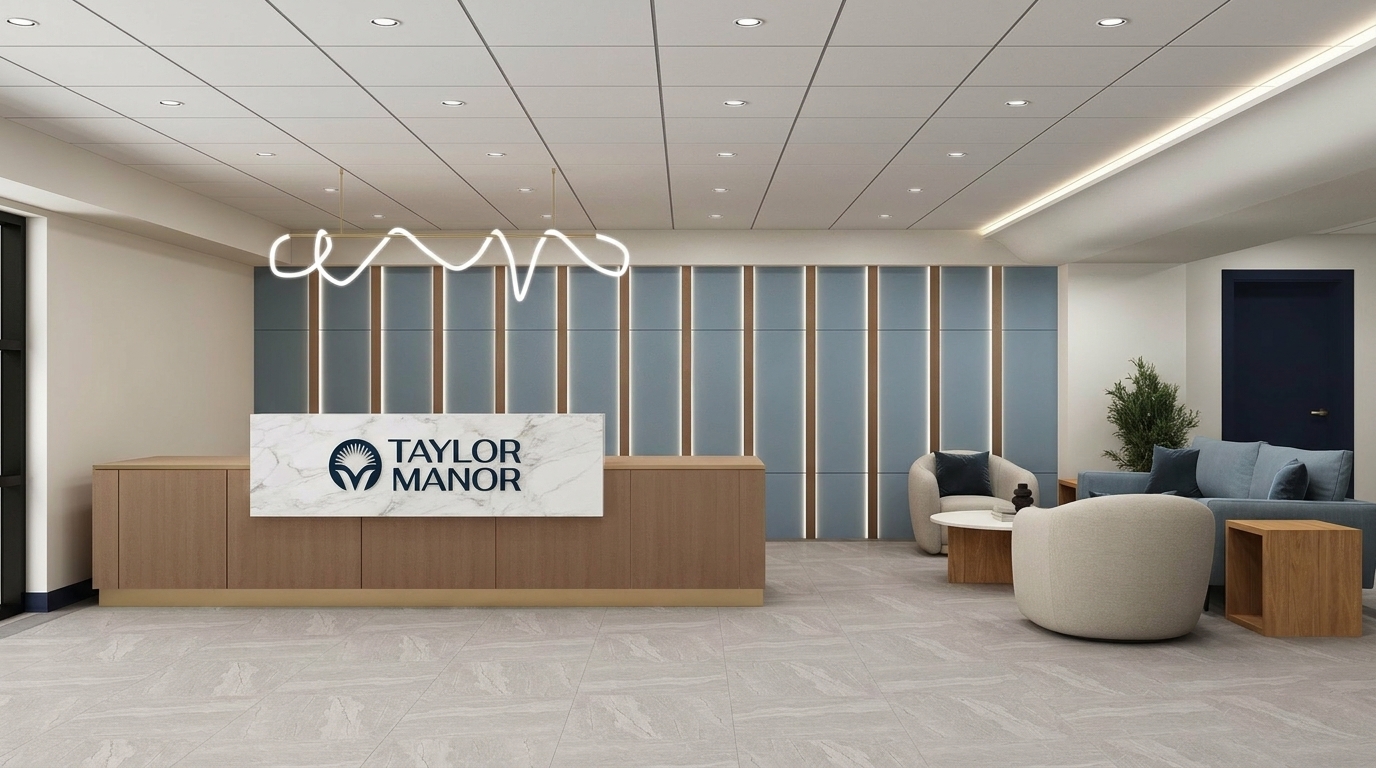 Reception desk with marble Taylor Manor signage