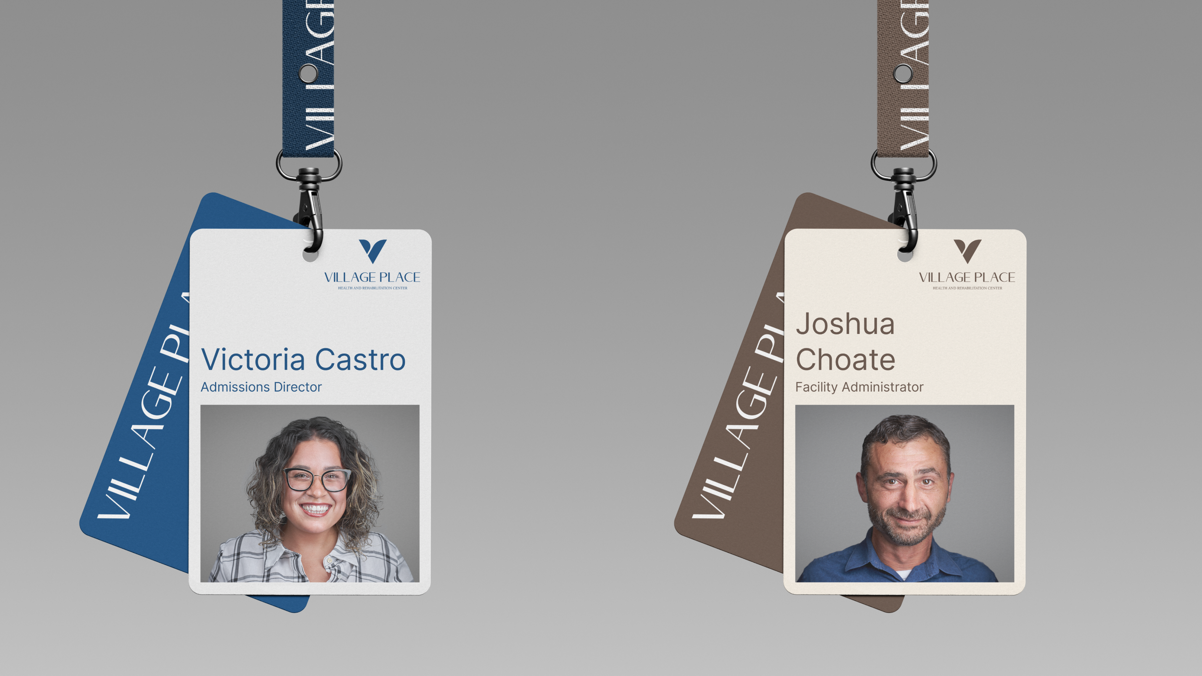Village Place staff badges — Victoria Castro, Admissions Director, and Joshua Choate, Facility Administrator