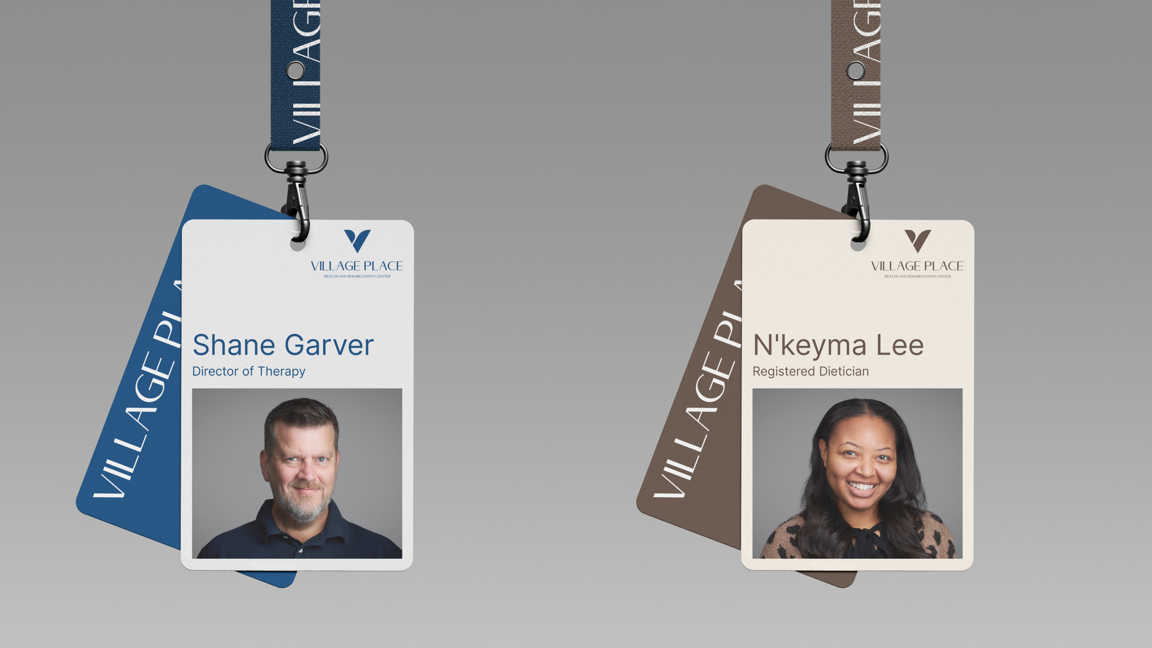 Village Place staff badges — Shane Garver, Director of Therapy, and N'keyma Lee, Registered Dietician