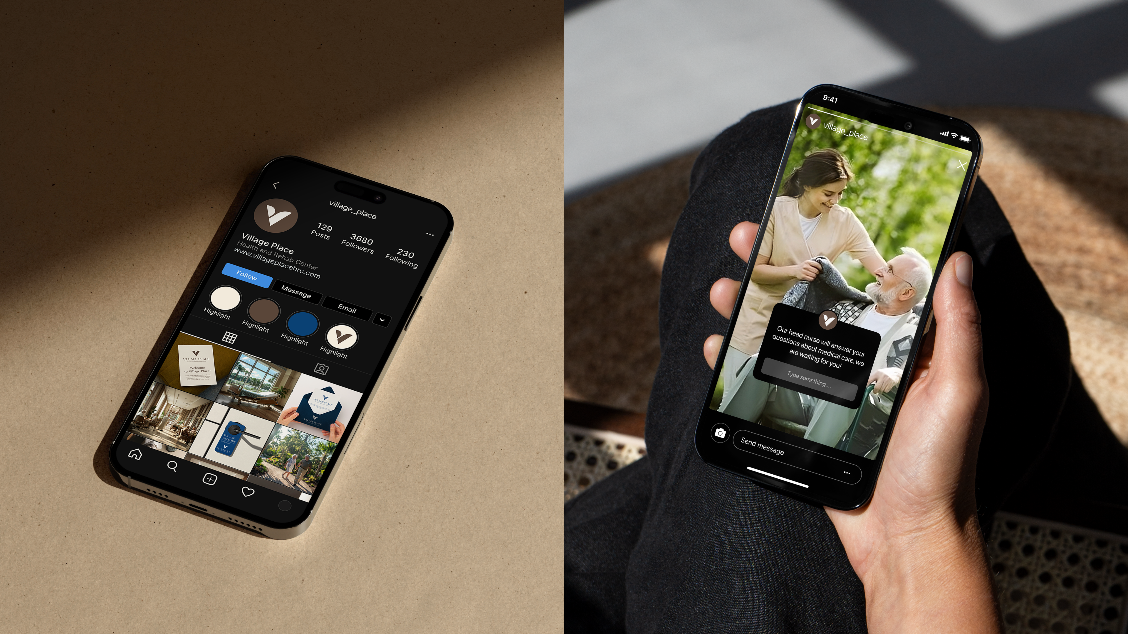 Village Place Instagram presence on iPhone — profile grid with 3,680 followers and DM conversation with families