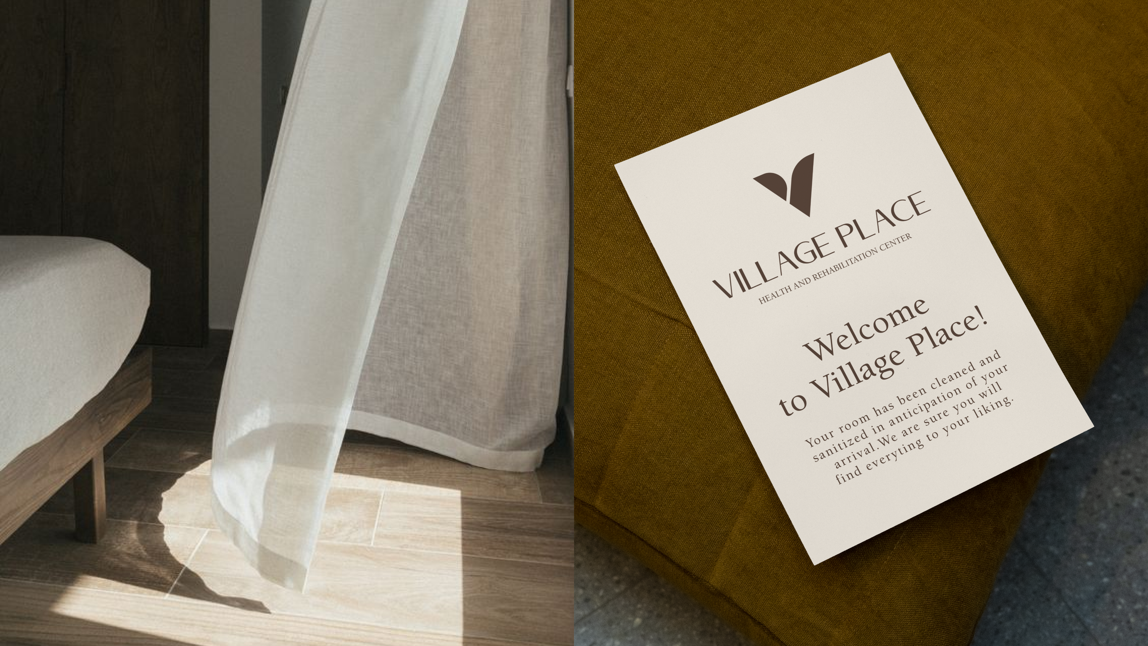 Village Place welcome card on mustard upholstery — the room sanitization note new residents find on arrival