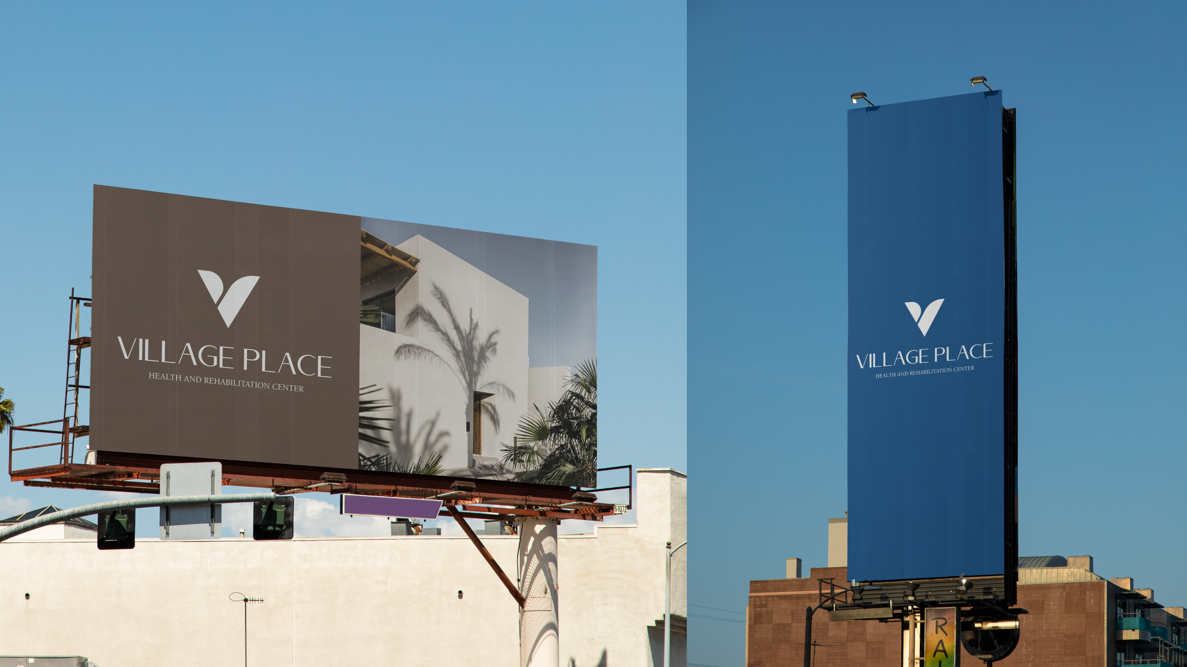 Village Place billboards — brown horizontal billboard and tall blue vertical street banner